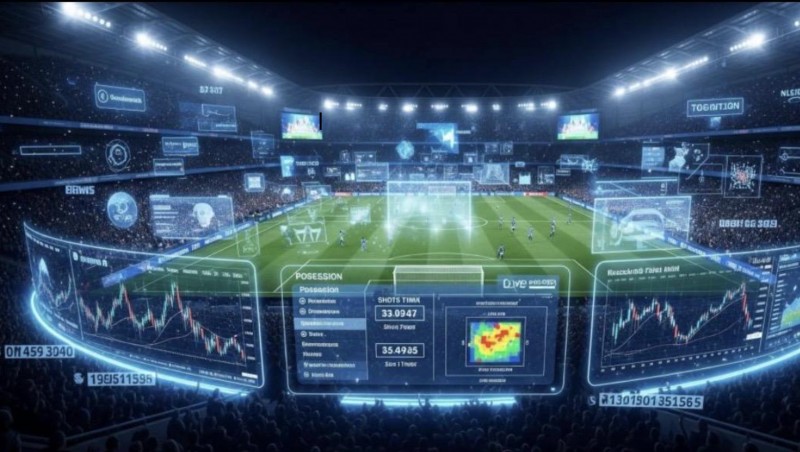 Estadio de fútbol con análisis de datos y gráficos digitales